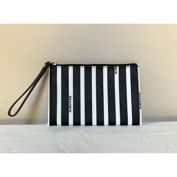 Brahmin Black & White Striped Wristlet Clutch Coated Canvas School Signature - Picture 1 of 8